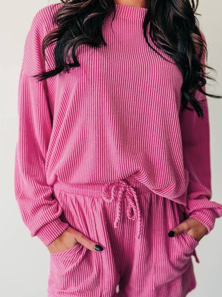 Strawberry Pink Corded Textured Long Sleeve Top and Shorts Set for wholesale by Lovesoft