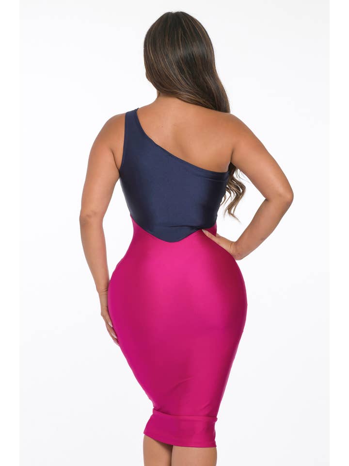 Uptown Apparel - Wholesale Dress - Women's - D13558 Color Block One Shoulder Cut Out Midi Dress2