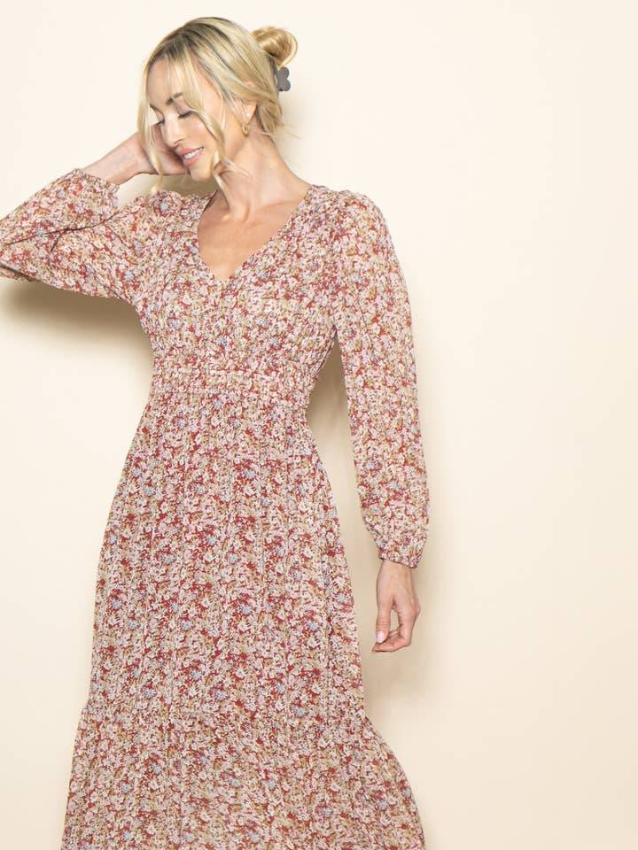 V-Neck Long Sleeve Floral Maxi Dress with Pockets & Lining for wholesale by Elloh Collection