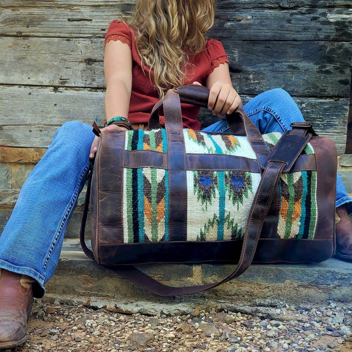 Ranch Junkie - Wholesale Weekender Bag - Unisex - Southwestern Saddle Blanket Aztec Weekender Aspen Leather Duffel Bag3