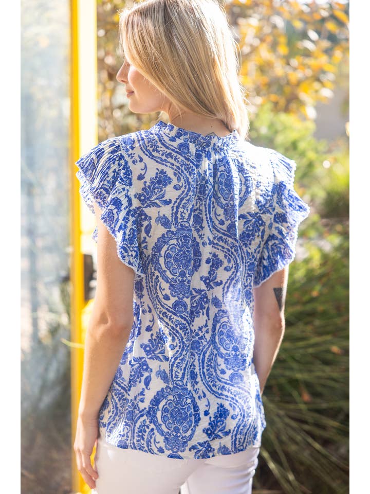 Blue 35224 Pleated Sleeve Paisley Print Button Up Top for wholesale on Faire