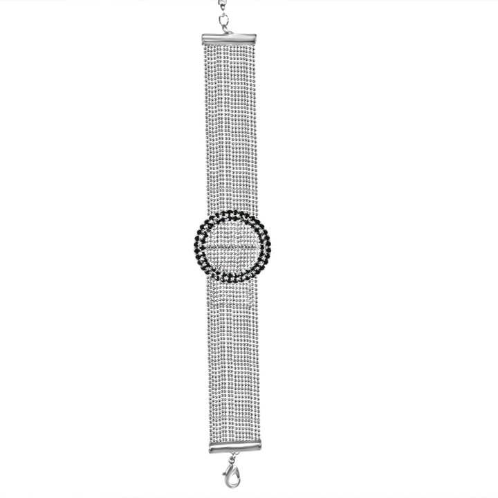 FINE BLACK DIAMOND CRYSTAL RHINESTONES ROUND HALO CENTER ON MULTI-BEADS LINK CHAIN STRANDS BRACELET 700B-717 for wholesale by Zirconmania Wholesale Fashion Jewelry