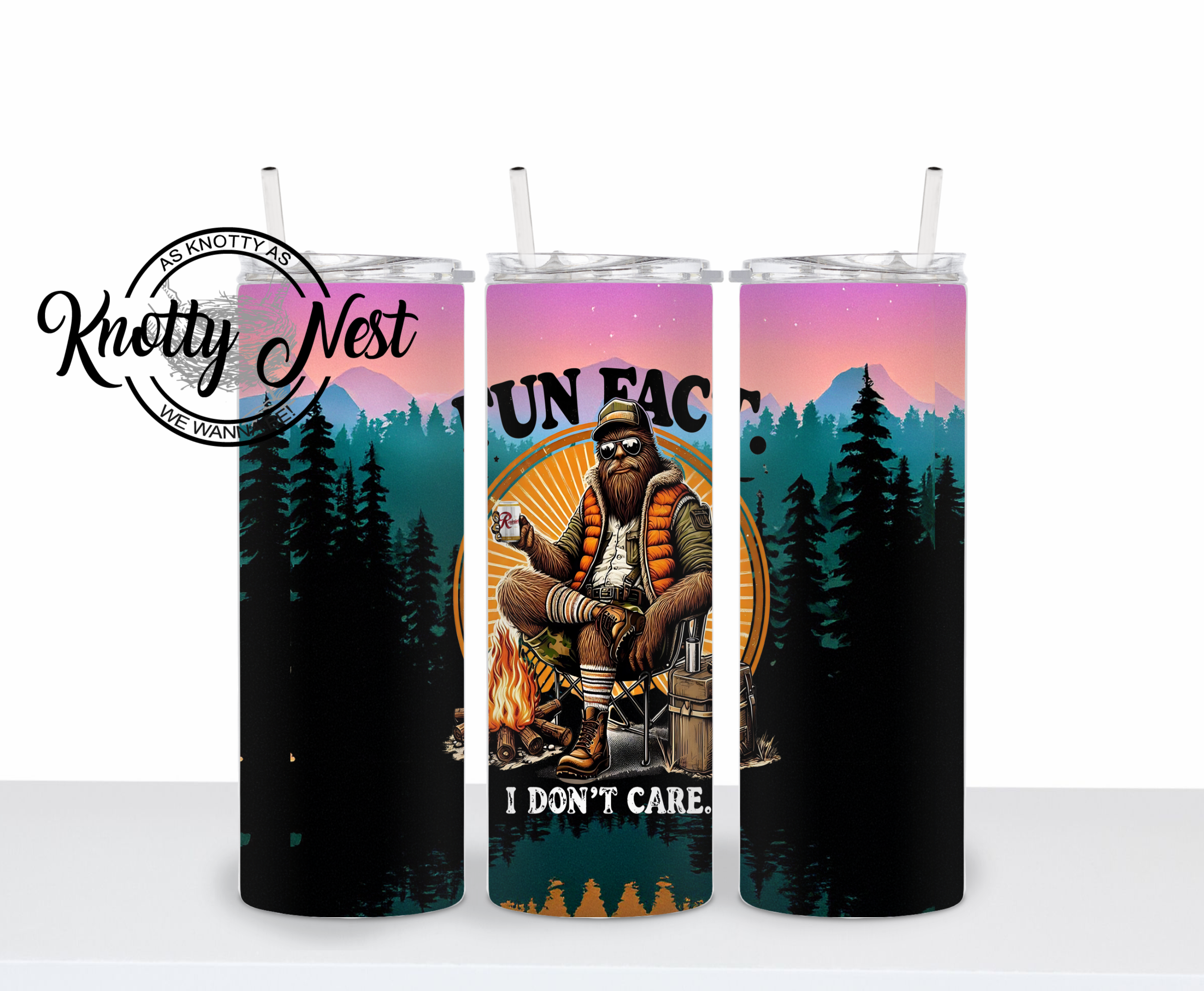 Knotty Nest - Wholesale Insulated Mug/Tumbler - Fun Fact - I don't care Bigfoot with a Rainer Beer tumbler0