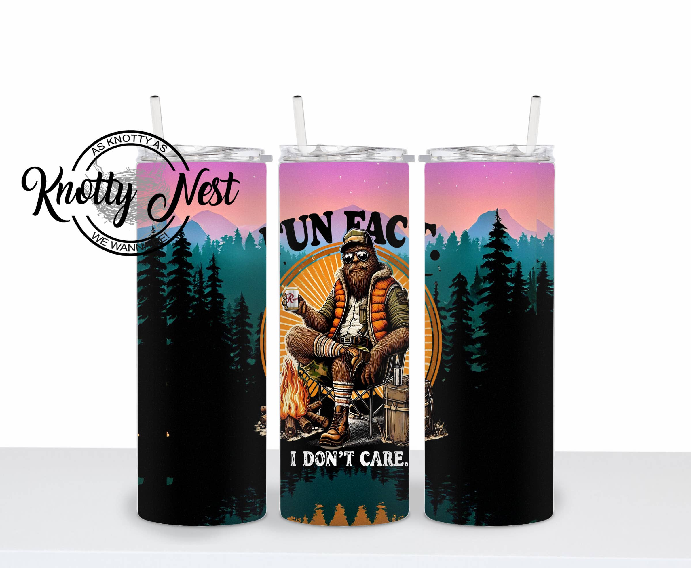 Knotty Nest - Wholesale Insulated Mug/Tumbler - Fun Fact - I don't care Bigfoot with a Rainer Beer tumbler