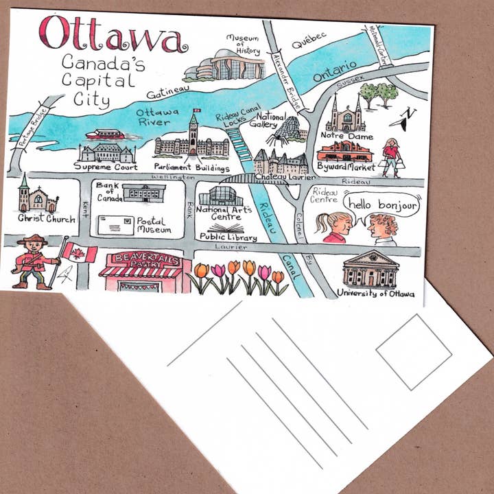 Carte postale dessinée à la main de la carte d'Ottawa, carte artistique souvenir d'Ottawa pour la vente par Pegmeisterart
