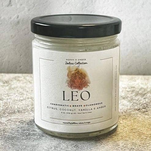 Poppy & Ember - Wholesale Jar/Filled Candle - Leo Zodiac Crystal Candle0