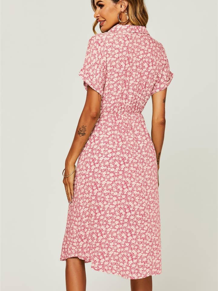 Relaxed Floral Print Button Down Midi Shirt Dress In Pink for wholesale on Faire