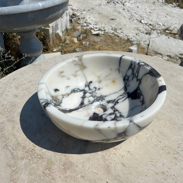Arbon Marble - Vente Ensemble d'accessoires pour salle de bain - Bol d'évier Calacatta Viola, évier rond en marbre blanc de 16 pouces, dessus de vanité de salle de bain pour ferme rustique4