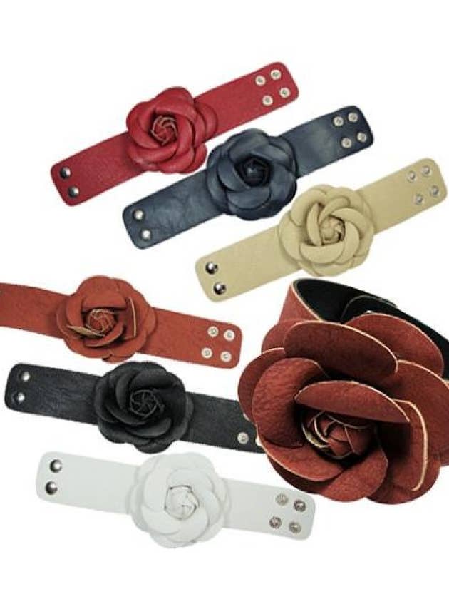 Leather With Rose Flower Pendant Bracelet for wholesale by DK Hawaii