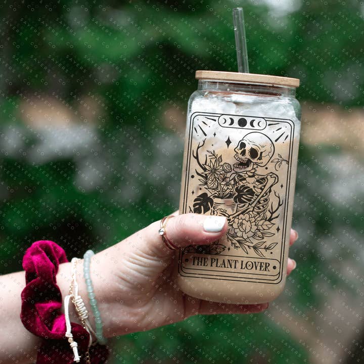 Sayers & Co. – wholesale Drinking glass/cup – Funny Tarot Card Iced Coffee Glass Can, Tarot Card Coffee Cup, Gift For Coffee Lover, Gift For Her, Glass can with bamboo lid and straw13