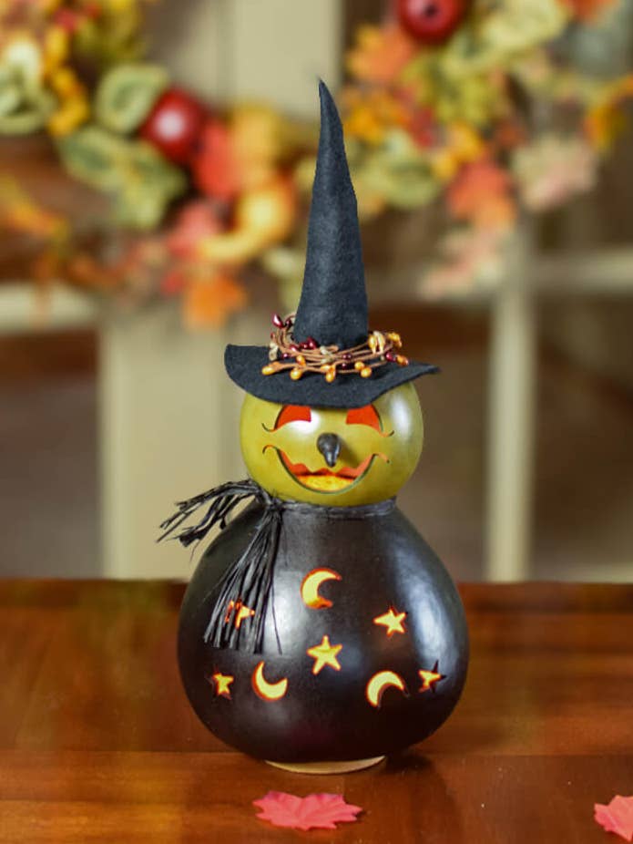 Fiona Witch Medium Lit Hand-Crafted Gourd Luminary for wholesale by Meadowbrooke Gourds