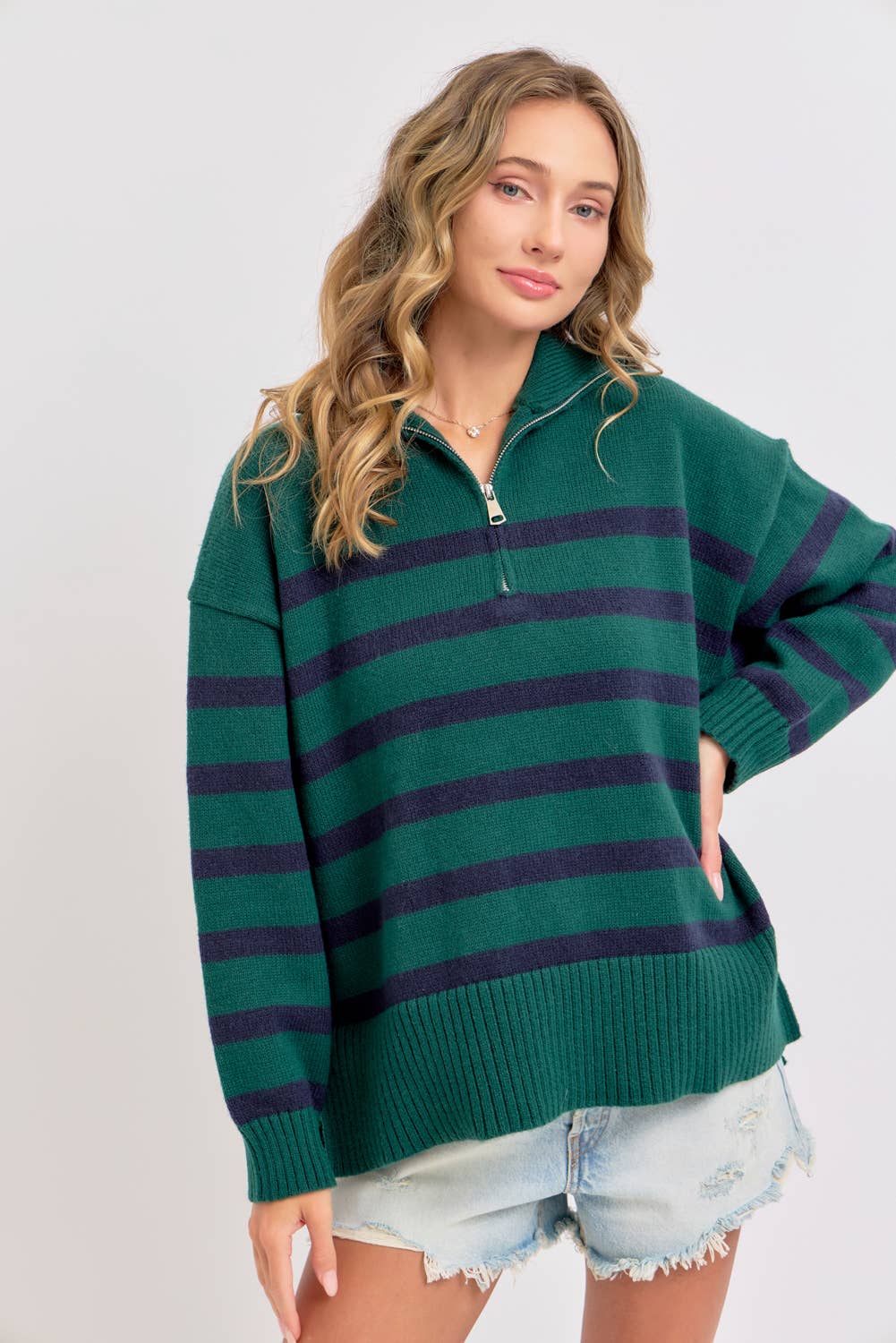 Sweet Lovely by Jen - Wholesale Knit Sweater - Women's - STRIPED ZIP-FRONT OVERSIZED PULLOVER KNIT SWEATER  32
