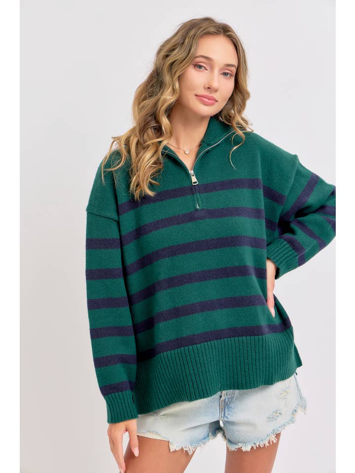 Sweet Lovely by Jen - Wholesale Knit Sweater - Women's - STRIPED ZIP-FRONT OVERSIZED PULLOVER KNIT SWEATER 32