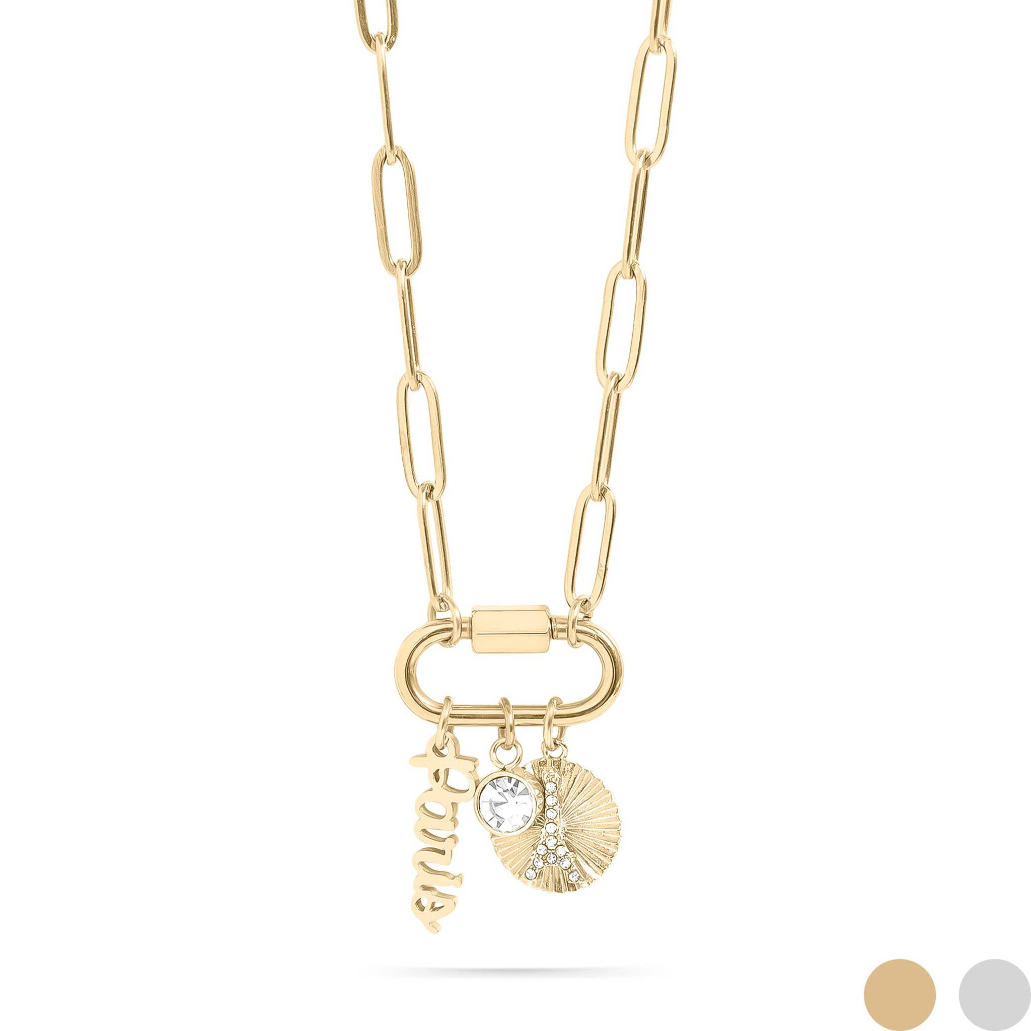 WJW - Wholesale Pendant/Charm Necklace - 18K Gold PVD Stainless Steel Paris Carabiner Charm Necklace0