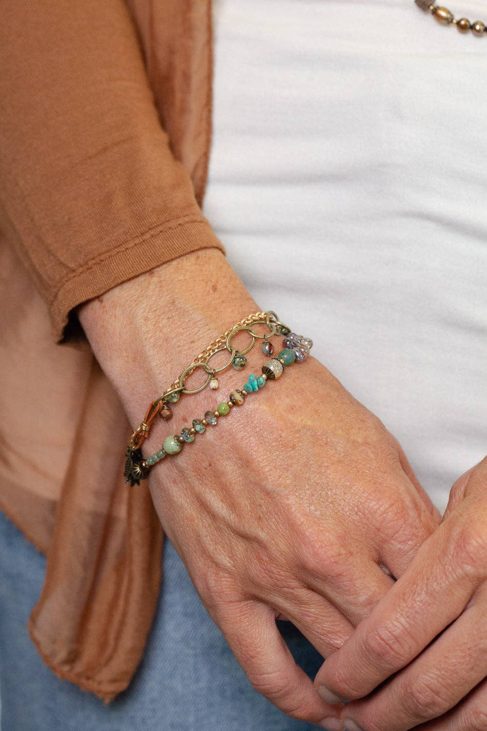 Anne Vaughan Designs Jewelry - Wholesale Beaded Bracelet - Rustic Creek 7.5-8.5" Czech Glass, Turquoise, Leather Multistrand Bracelet1