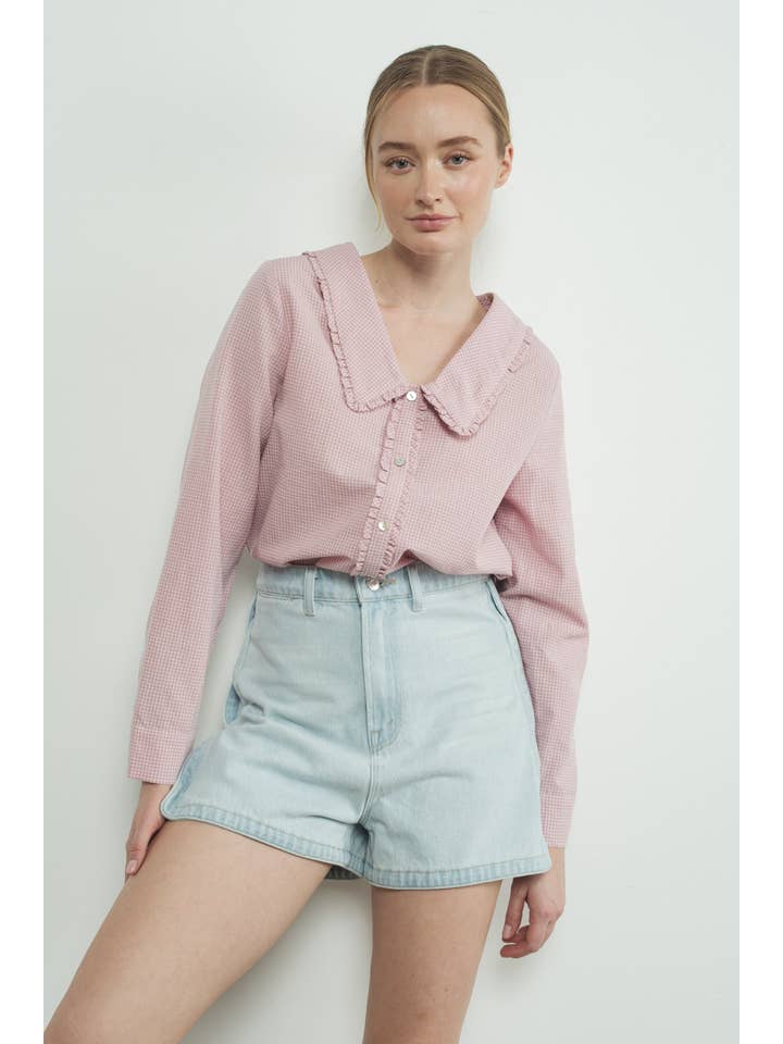 Aaron & Amber - Wholesale Blouse - Women's - MAT3099 CHECKED RUFFLE EDGE COLLAR BUTTONDOWN BLOUSE