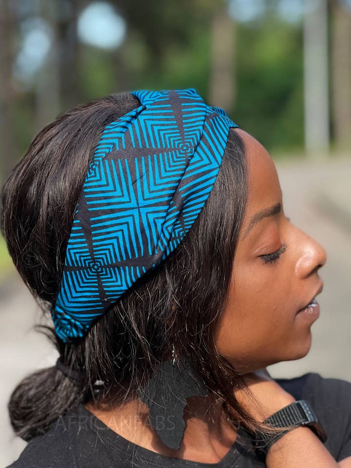 Cinta para cabello de estampado africano (ajuste suelto) para adultos - Accesorios para el cabello - Bogolan azul para venta al por mayor de AfricanFabs