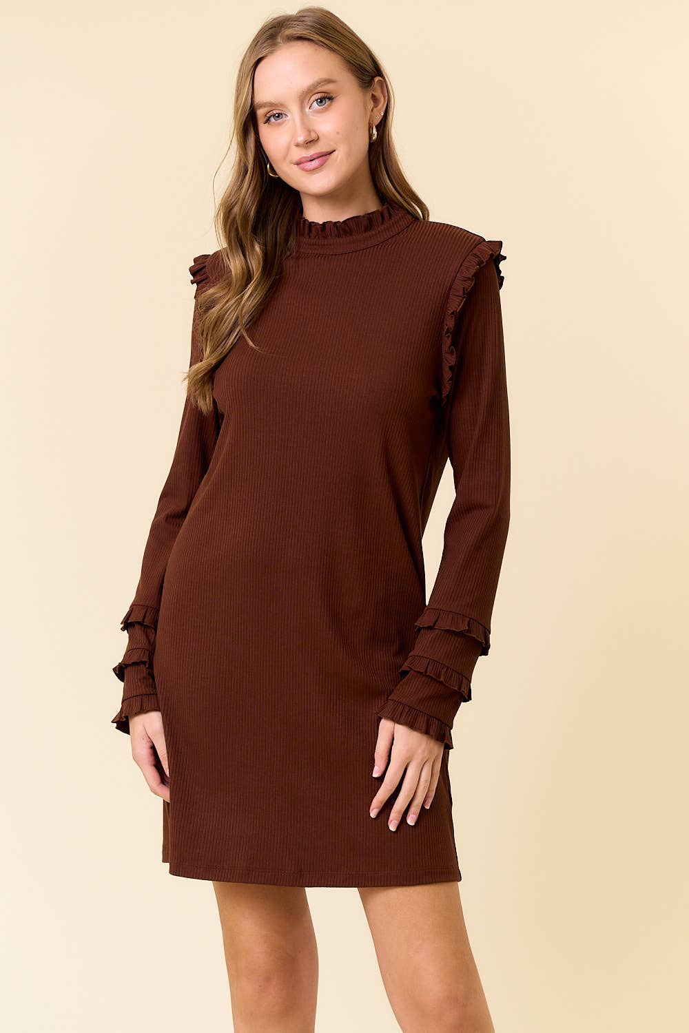 ESPRESSO Rib Knit Ruffled Mock Neck Long Sleeve Mini Dress - 27830D for wholesale on Faire1