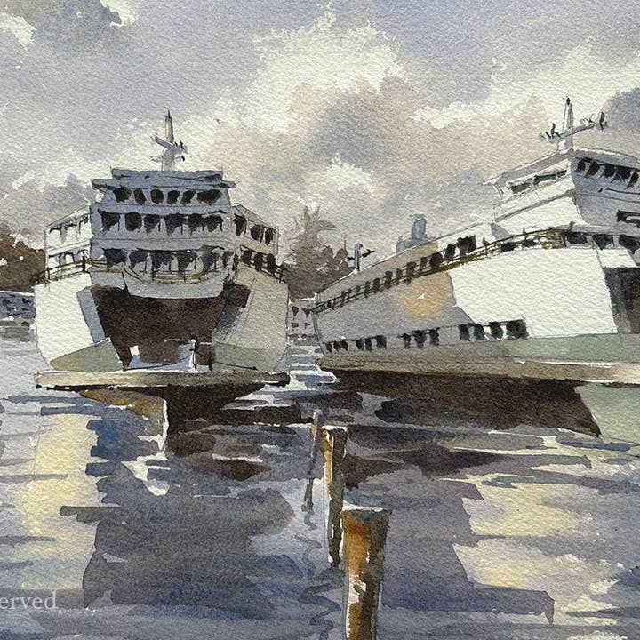 Docked Ferries - Limited edition print for wholesale by Ina Xi Watercolor