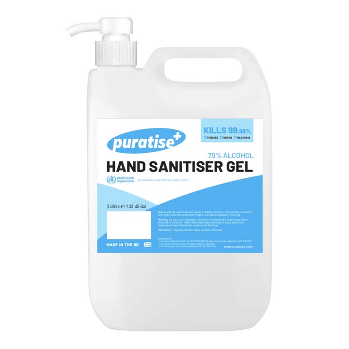 My Wholesale Warehouse - Vendita all'ingrosso Igienizzante per le mani - Gel igienizzante per mani Puratise da 5 litri con pompa per collo da 38 mm