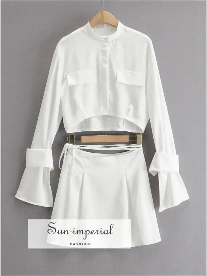 Sun Imperial – wholesale Set med topp och kjol - Dam – Vit Långärmad Satin Stand krage Crop topp tröja med