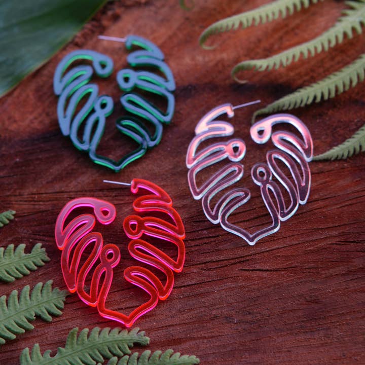 Monstera Leaf Hoop Earrings for wholesale by Kaumana Crochet and Crafts