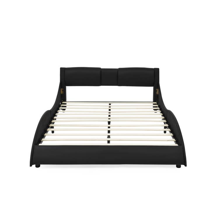 Black Modern Faux Leather Queen Bed Frame with Wave-Like Headboard for wholesale on Faire