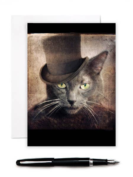 Captain Grey | Russian Blue Cat | Top Hat Cat Greeting Card for wholesale by The Lonely Pixel
