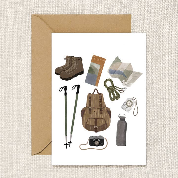 Hiking Essentials Greeting Card for wholesale by HeatherLucyJ Design
