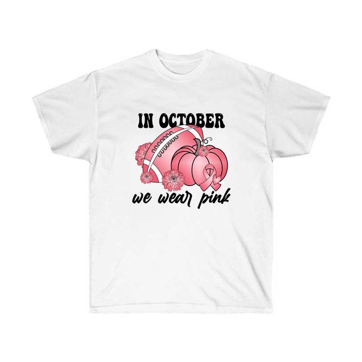 In October We Wear Pink Breast Cancer Awareness T-Shirt for wholesale by Luluizy Designs Co.