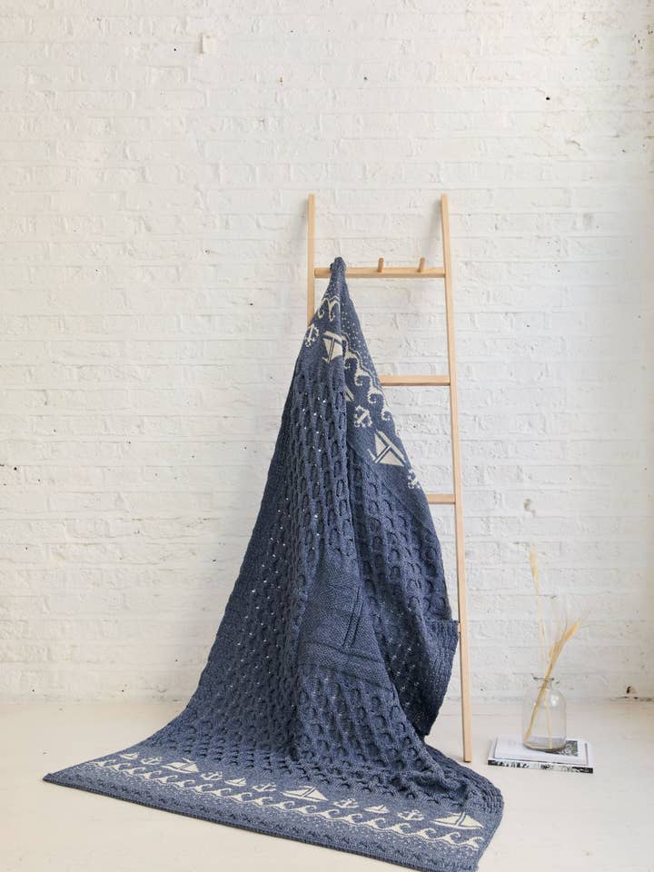 Farraige Aran Throw - Denim for wholesale by Aran Woollen Mills