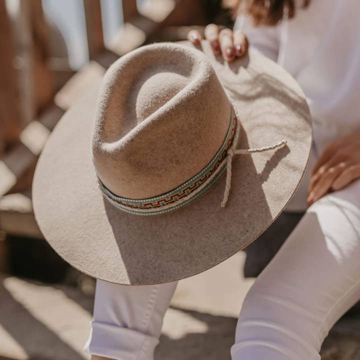 Oatmeal Wide Brim Wool Felt Fedora Rancher Hat - Style Maldives Moon for wholesale on Faire
