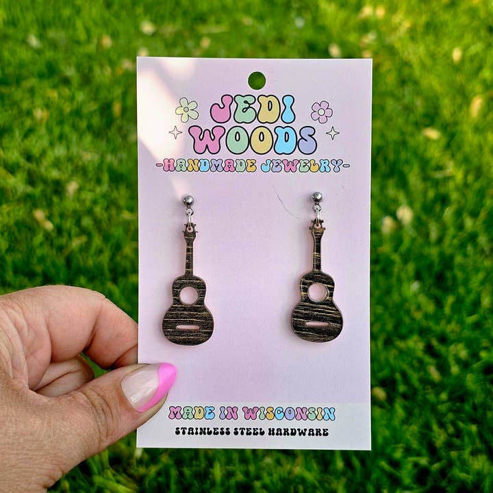 Wood Patterned Acrylic Guitar Earrings for wholesale by Jedi Woods LLC
