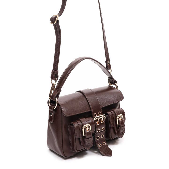 Marron foncé Petite boucle en forme de miel en cuir italien marron foncé et doré en vente sur Faire