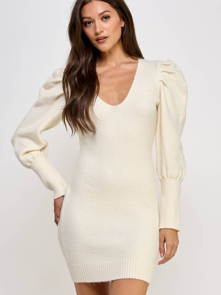 Ellison - Wholesale Dress - Women's - RD-3952-6 PUFF SLEEVE WEATER MINI DRESS CREAM
