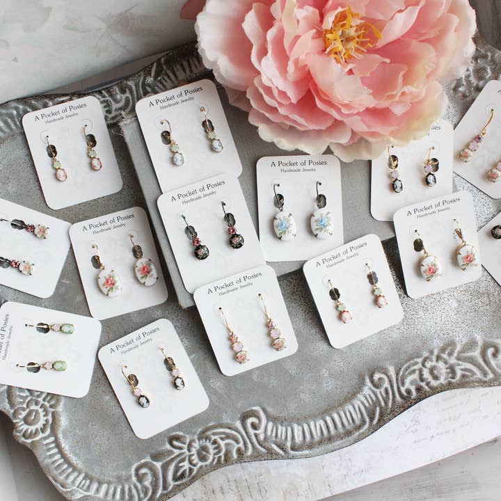 A Pocket of Posies - Wholesale Dangle Earrings - Little Cameo Earrings - Vintage Glass - Pink Rose on Black1