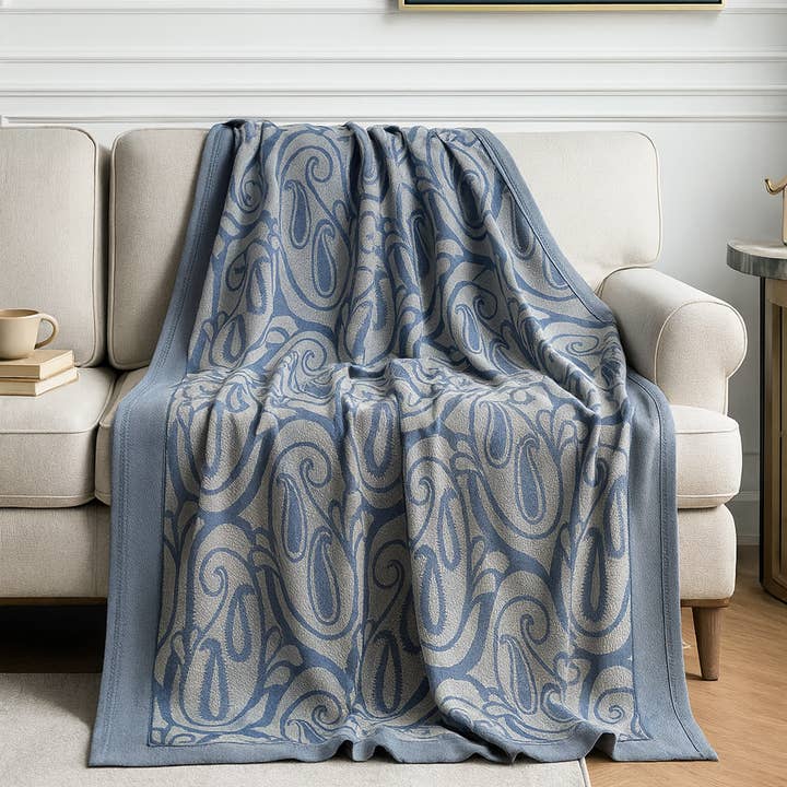 Blue-grey Paisley Knit Tasseled 50"x60" Throw Blanket for wholesale by Fennco Styles