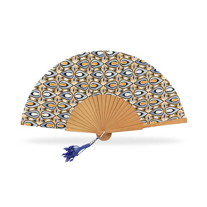 Cuatrogotas – wholesale Party/paper folding fan – Polished wood fan with retro fabric.
Ref-A577