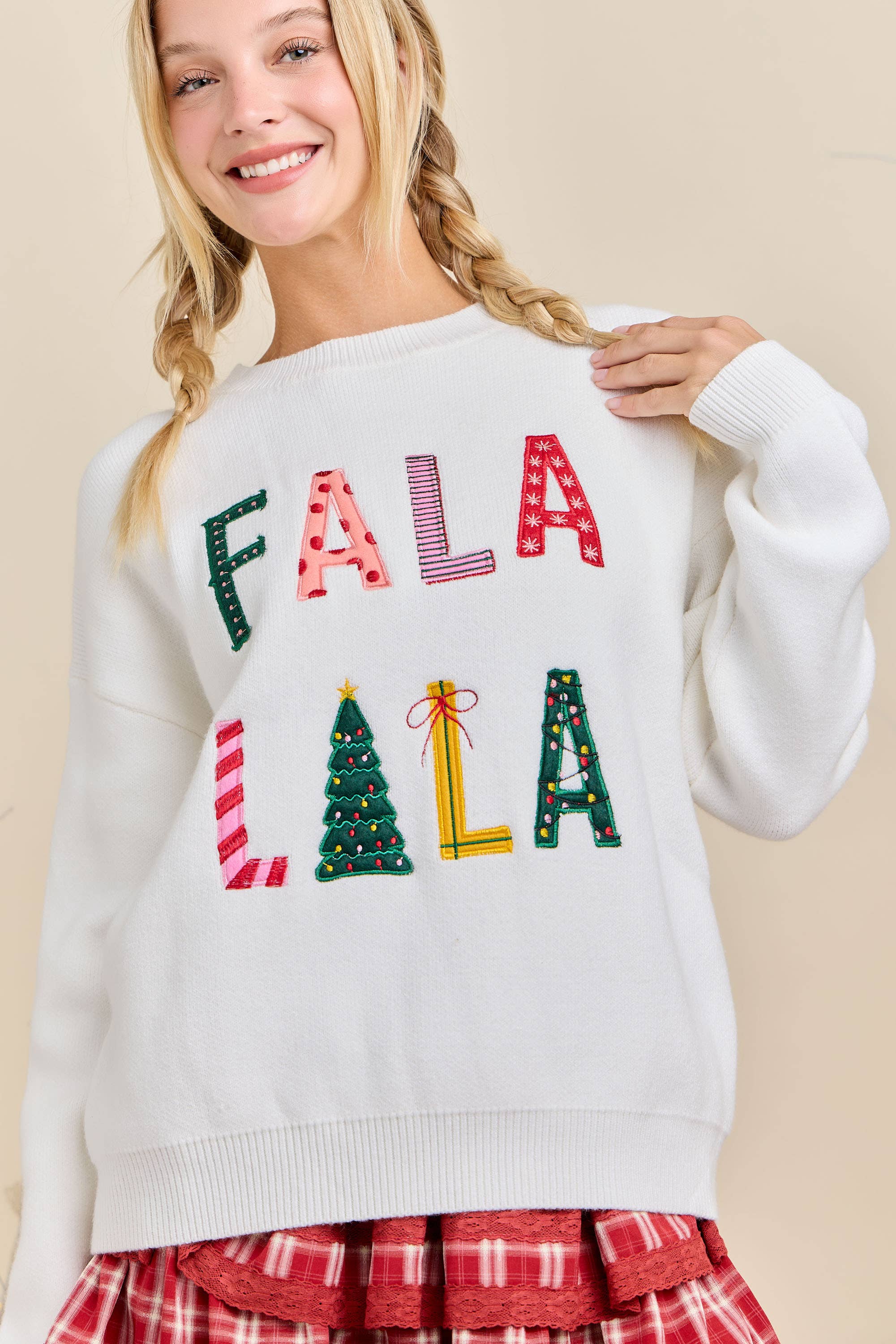 WHITE Fa La La La Christmas Knit Sweater Ready to Ship Holiday 🎵 for wholesale on Faire4