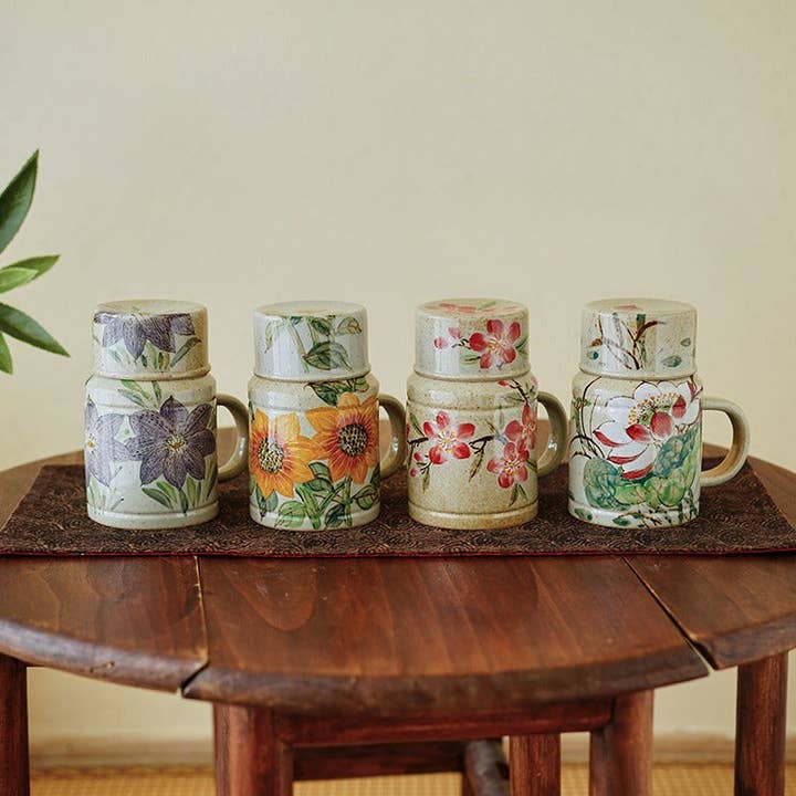 Gohobi Hand-Painted Blue and White Floral Mug with Lid Cup for wholesale by Gohobi (We cover U.S. import duties)