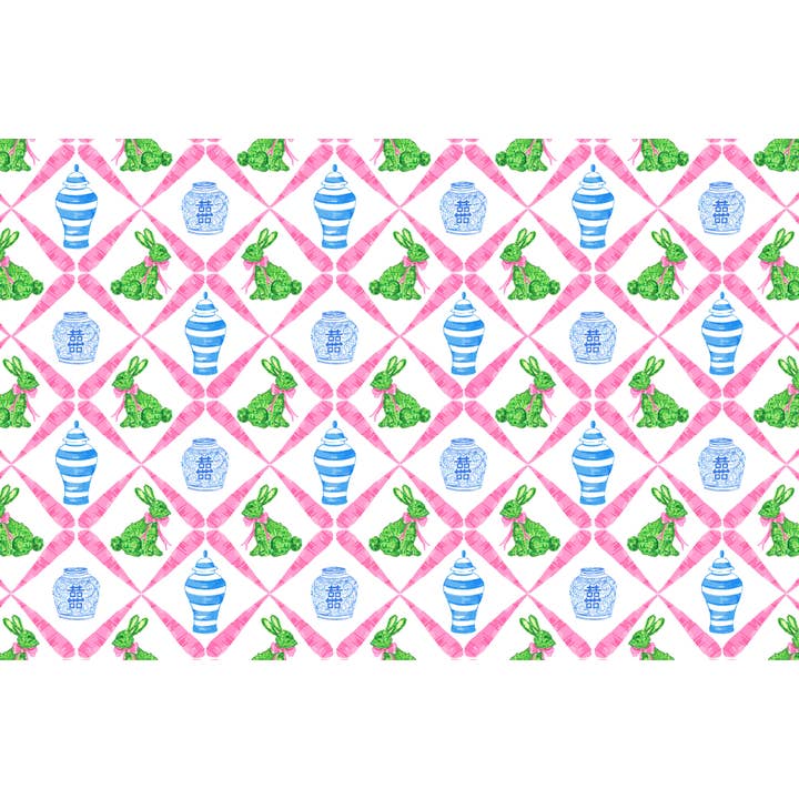 Boxwood Bunnies Chinoiserie Paper Placemat Pad, Pink for wholesale by Taylor Beach Design