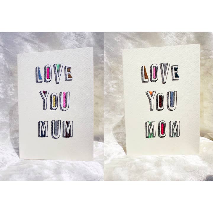 Handmade Glitter Typeface Love You Mum / Love You Mom Card for wholesale by Rosie Wonders