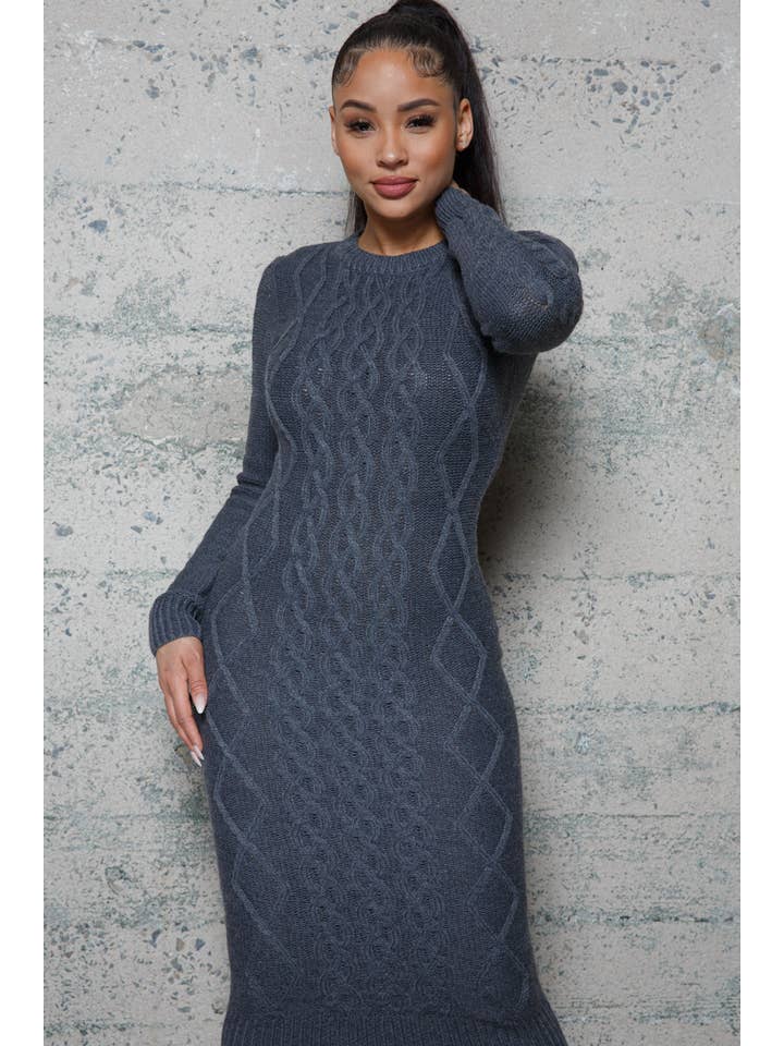 Melrose with Love - Wholesale Dress - Women's - LONG SLEEVE CABLE PATTERN SWEATER LONG DRESS1