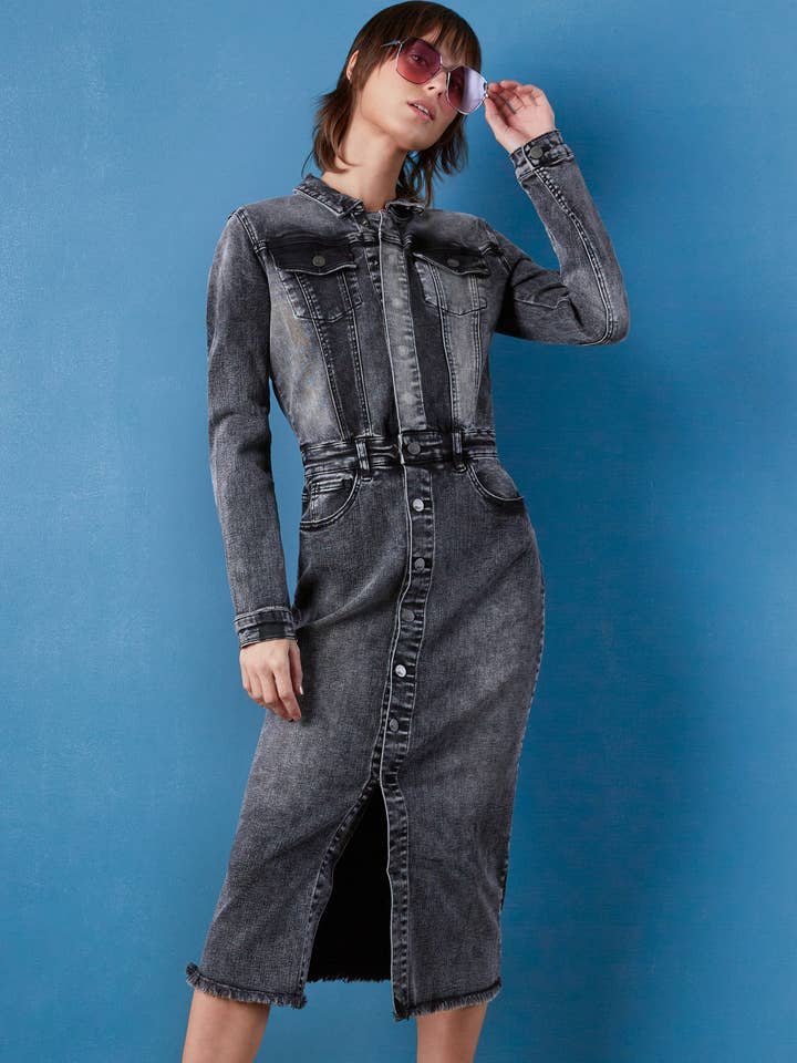WASH LAB - Wholesale Dress - Women's - Color-Blocked Denim Dress