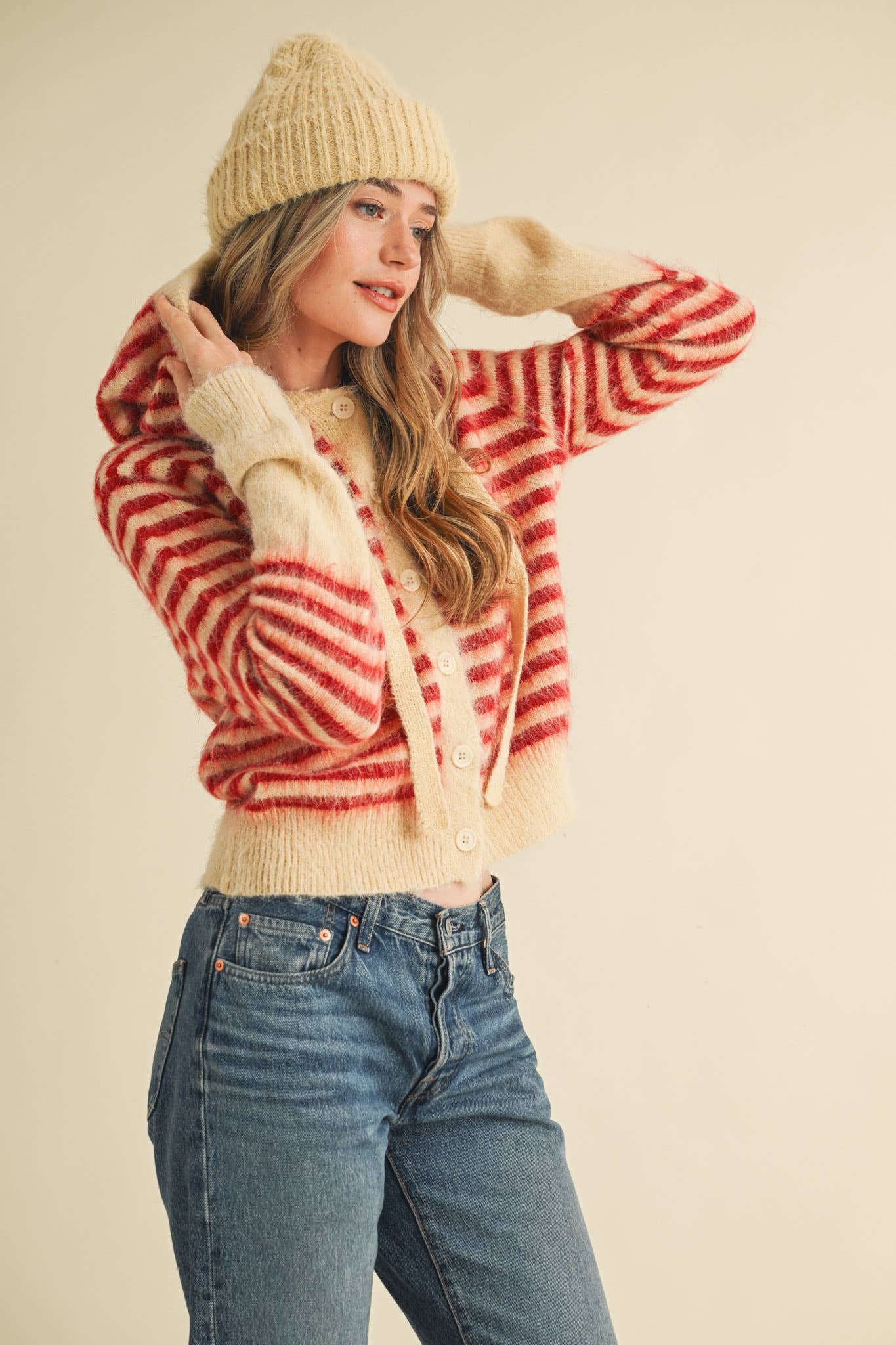 &MERCI - Wholesale Cardigan - Women's - STRIPED HOODIE SWEATER CARDIGAN MSW1106342