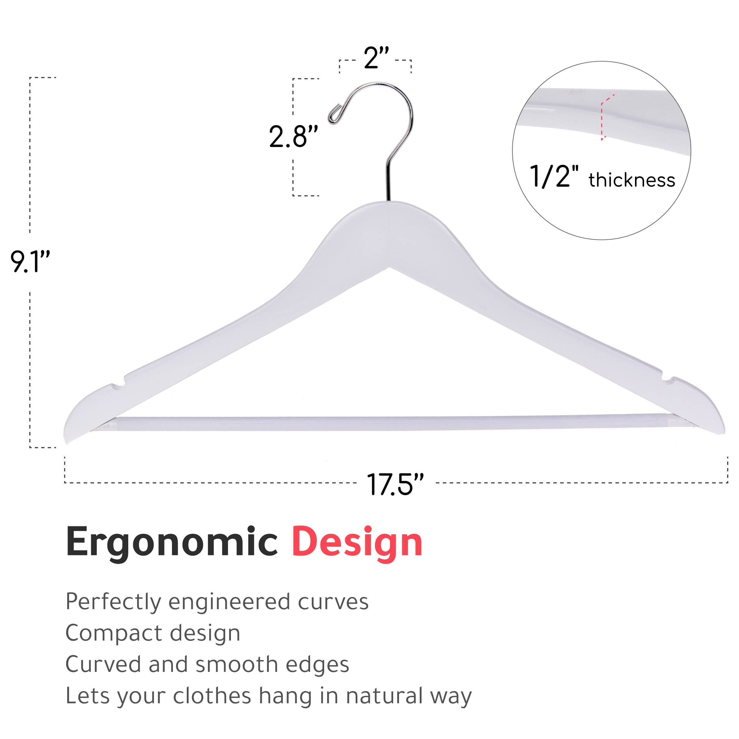 Quality Hangers - Wholesale Clothes Hangers - W040 Semi Curved Wooden Hanger, 17.5" White - 904