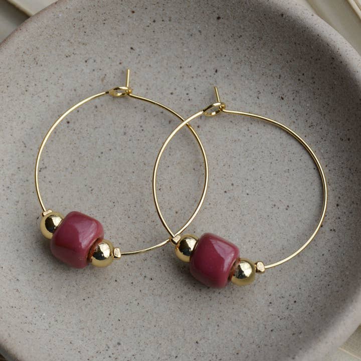 Dusty Rose | Square Clay Bead Gold Hoop Earrings for wholesale by Bel Koz Haiti