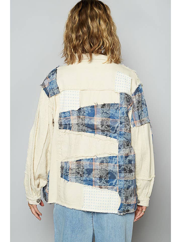 OATMILK MULTI Long sleeve plaid mix frayed edge twill jacket SALE for wholesale on Faire3