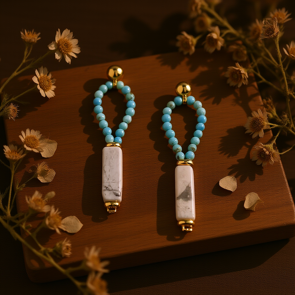 Otterware - Vente Boucles d'oreilles pendantes - Boucles d'oreilles créoles en perles de semence : goutte en howlite, tige en argent sterling5