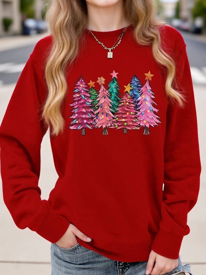 NINEXIS - Wholesale Blouse - Women's - CWTBLL01353_SEVEN PINK CHRISTMAS TREES CREW NECK SWEATSHIRT0